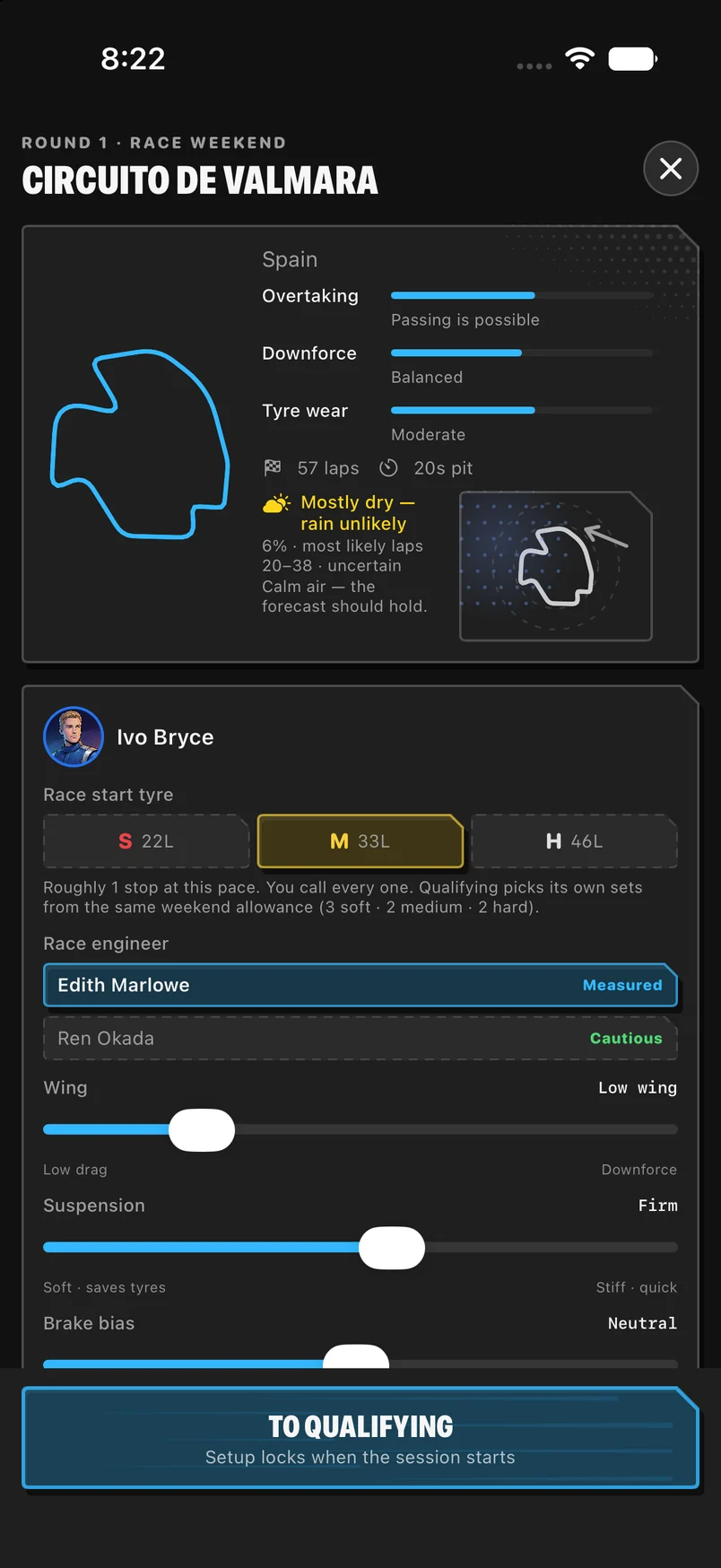 The pre-race screen for Circuito de Valmara, showing overtaking difficulty, downforce and tyre-wear ratings, the rain forecast, a starting-tyre choice and three setup sliders.